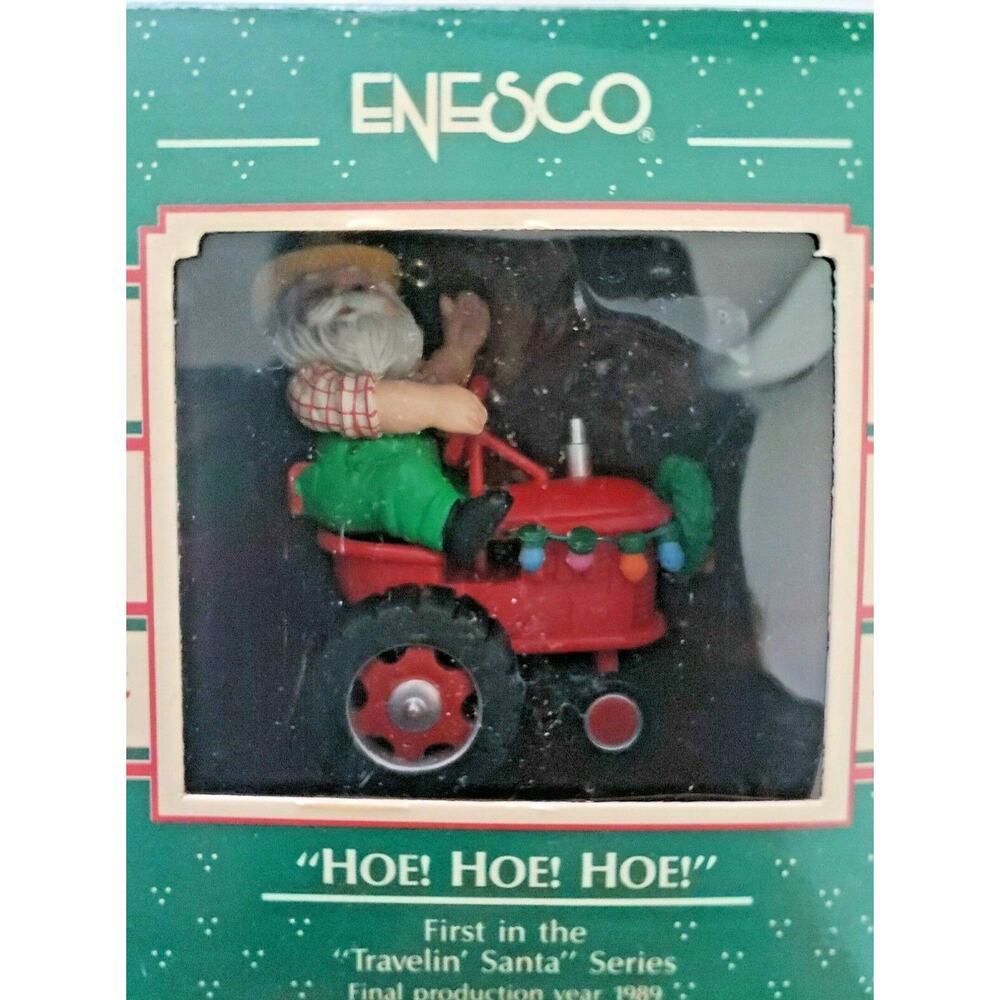 1989 Enesco Christmas Ornament "HO!HO!HO!" Santa on Tractor U5